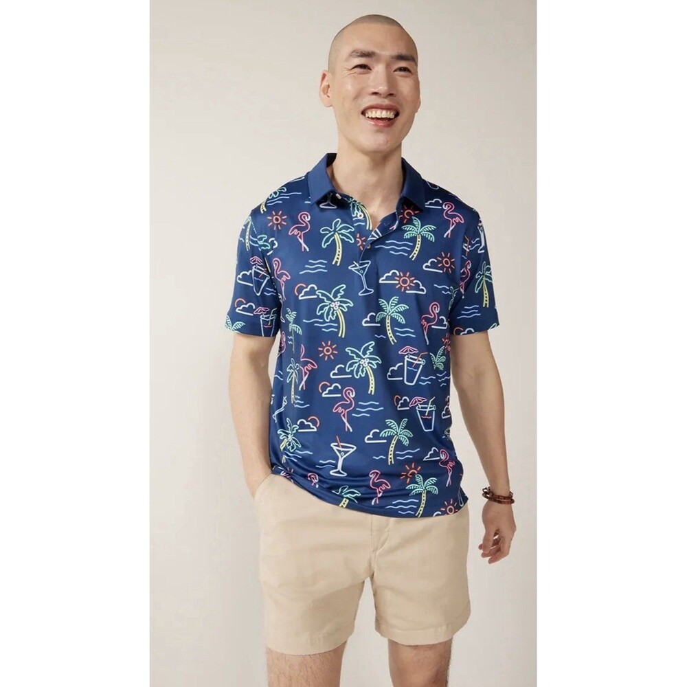 Chubbies Performance Polo Shirt Men’s XXL Blue Flamingo Martini The Neon Light